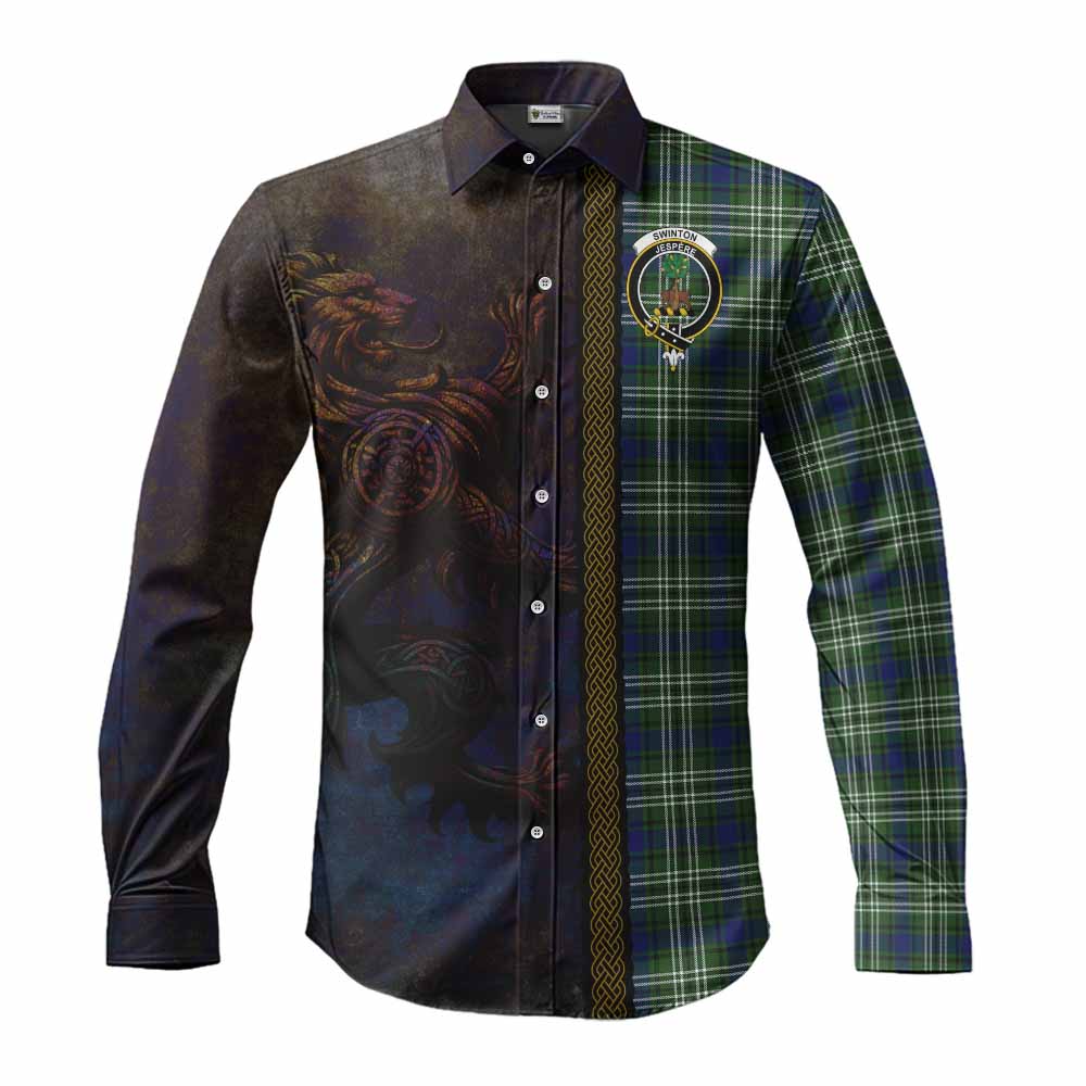 Tartan Vibes Clothing Swinton Tartan Family Crest Long Sleeve Button Shirt Alba Gu Brath Be Brave Lion Ancient Style