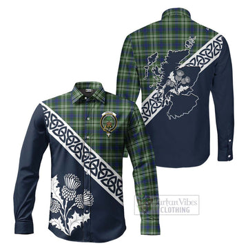 Swinton Tartan Long Sleeve Button Shirt Featuring Thistle and Scotland Map Men's Shirt S - Tartan Vibes Clothing