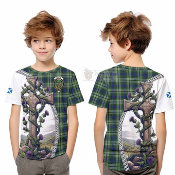 Swinton Tartan Kid T-Shirt with Family Crest and St. Andrew's Cross Accented by Thistle Vines Youth XL Size14 - Tartan Vibes Clothing