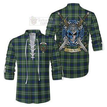 Swinton Tartan Ghillie Kilt Shirt with Family Crest Celtic Skull Style Men - Tartan Vibes Clothing