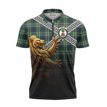 Swinton Crest Tartan Zipper Polo Shirt with Golden Lion Emblem Celtic Style Unisex - Tartan Vibes Clothing