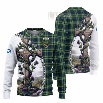 Swinton Tartan Knitted Sweater with Family Crest and St. Andrew's Cross Accented by Thistle Vines Unisex - Tartan Vibes Clothing