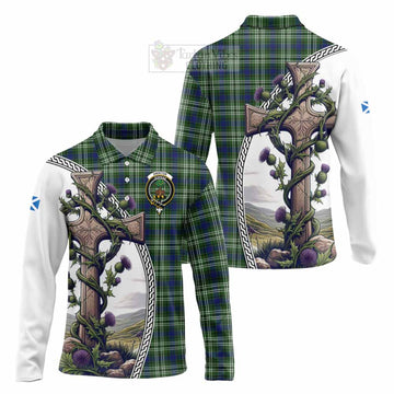 Swinton Tartan Long Sleeve Polo Shirt with Family Crest and St. Andrew's Cross Accented by Thistle Vines Unisex - Tartan Vibes Clothing