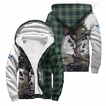 Swinton Tartan Sherpa Hoodie with Family Crest and St. Andrew's Cross Accented by Thistle Vines Unisex S - Tartan Vibes Clothing