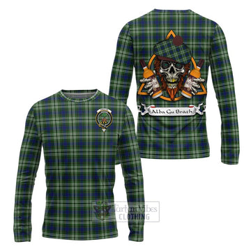 Swinton Tartan Long Sleeve T-Shirt with Family Crest and Bearded Skull Holding Bottles of Whiskey Unisex - Tartan Vibes Clothing
