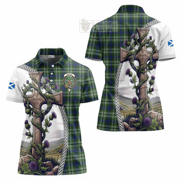 Swinton Tartan Women's Polo Shirt with Family Crest and St. Andrew's Cross Accented by Thistle Vines Women - Tartan Vibes Clothing