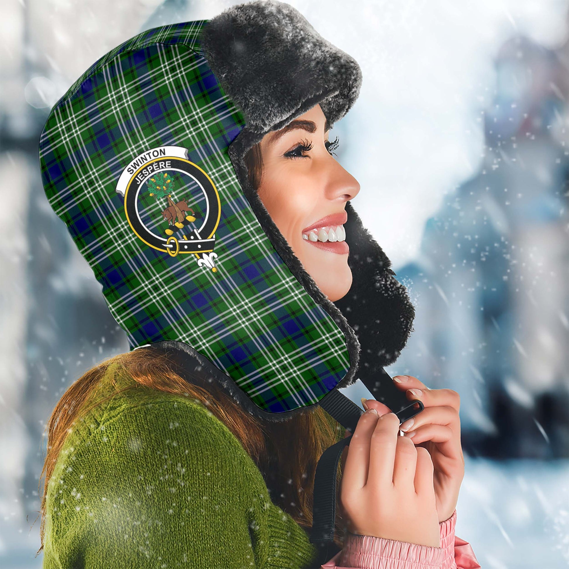 Swinton Tartan Winter Trapper Hat with Family Crest Winter Trapper Hat Universal Fit Circumference 22.8in (58cm) - Tartanvibesclothing