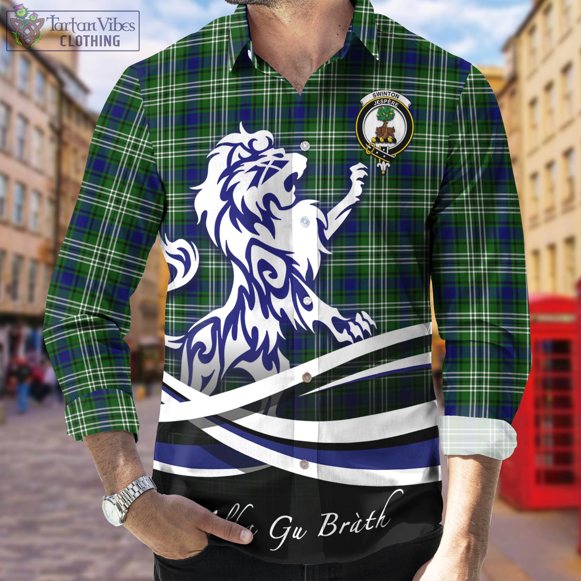 Swinton Tartan Long Sleeve Button Up Shirt with Alba Gu Brath Regal Lion Emblem Men's Shirt - Tartan Vibes Clothing
