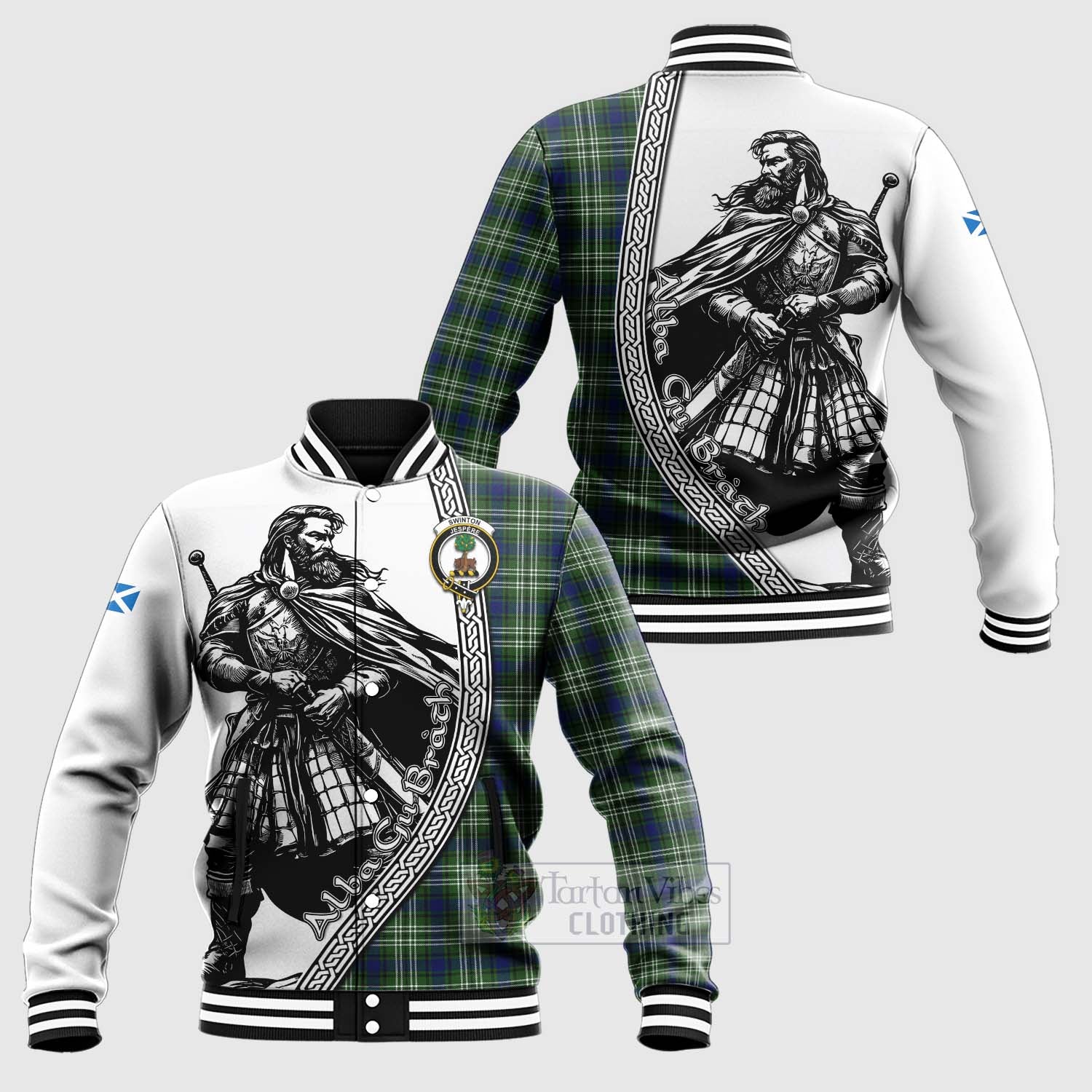 Swinton Tartan Clan Crest Baseball Jacket with Highlander Warrior Celtic Style Unisex - Tartan Vibes Clothing