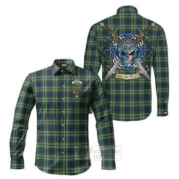 Swinton Tartan Long Sleeve Button Shirt with Family Crest Celtic Skull Style Men's Shirt S - Tartan Vibes Clothing