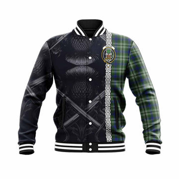 Swinton Tartan Baseball Jacket with Family Crest Cross Sword Thistle Celtic Vibes Unisex - Tartan Vibes Clothing
