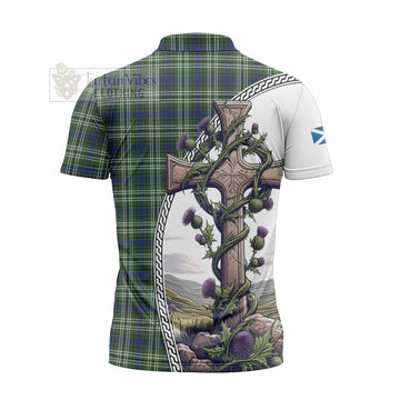 Swinton Tartan Zipper Polo Shirt with Family Crest and St. Andrew's Cross Accented by Thistle Vines - Tartan Vibes Clothing