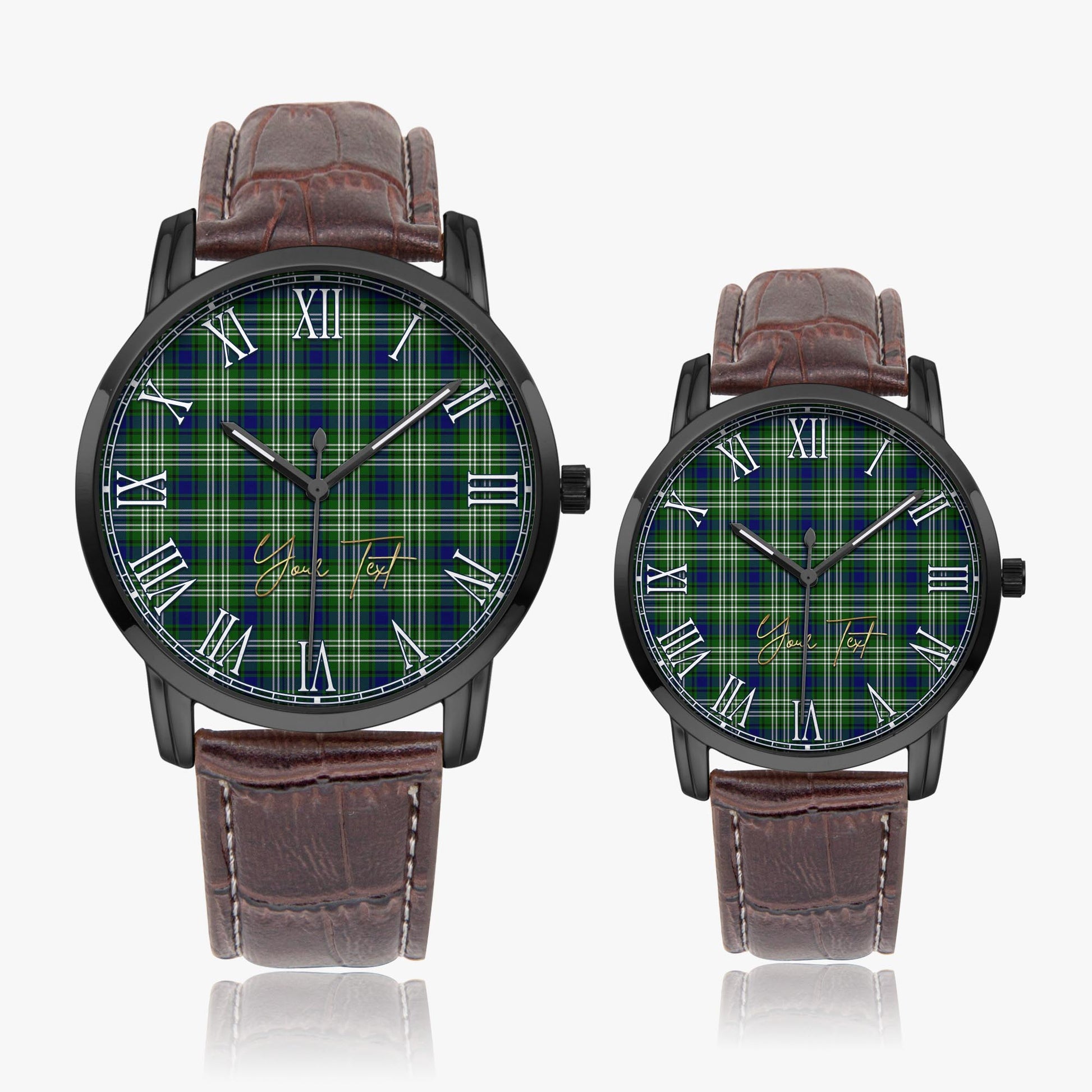 Swinton Tartan Personalized Your Text Leather Trap Quartz Watch Wide Type Black Case With Brown Leather Strap - Tartanvibesclothing Shop