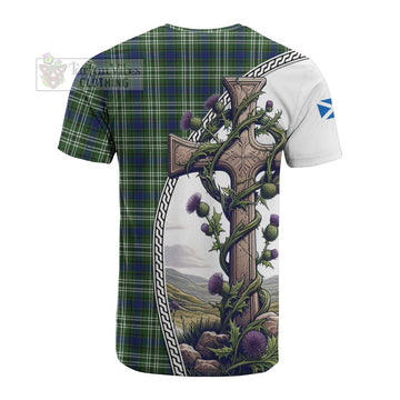 Swinton Tartan Cotton T-shirt with Family Crest and St. Andrew's Cross Accented by Thistle Vines - Tartan Vibes Clothing