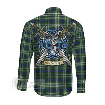 Swinton Tartan Long Sleeve Button Shirt with Family Crest Celtic Skull Style Men's Shirt - Tartan Vibes Clothing