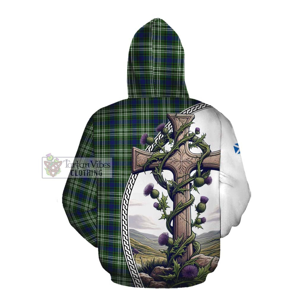 Tartan Vibes Clothing Swinton Tartan Cotton Hoodie with Family Crest and St. Andrew's Cross Accented by Thistle Vines