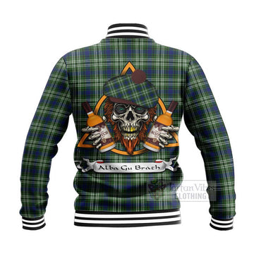 Swinton Tartan Baseball Jacket with Family Crest and Bearded Skull Holding Bottles of Whiskey - Tartan Vibes Clothing