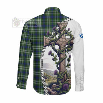Swinton Tartan Long Sleeve Button Shirt with Family Crest and St. Andrew's Cross Accented by Thistle Vines Men's Shirt - Tartan Vibes Clothing