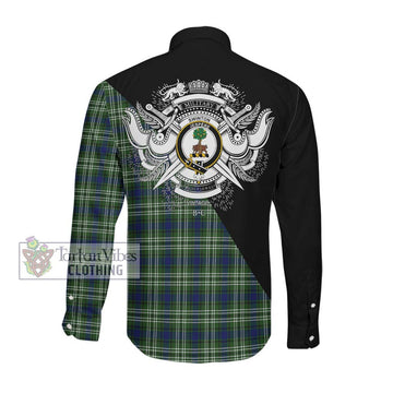 Swinton Tartan Long Sleeve Button Shirt with Family Crest and Military Logo Style Men's Shirt - Tartanvibesclothing Shop