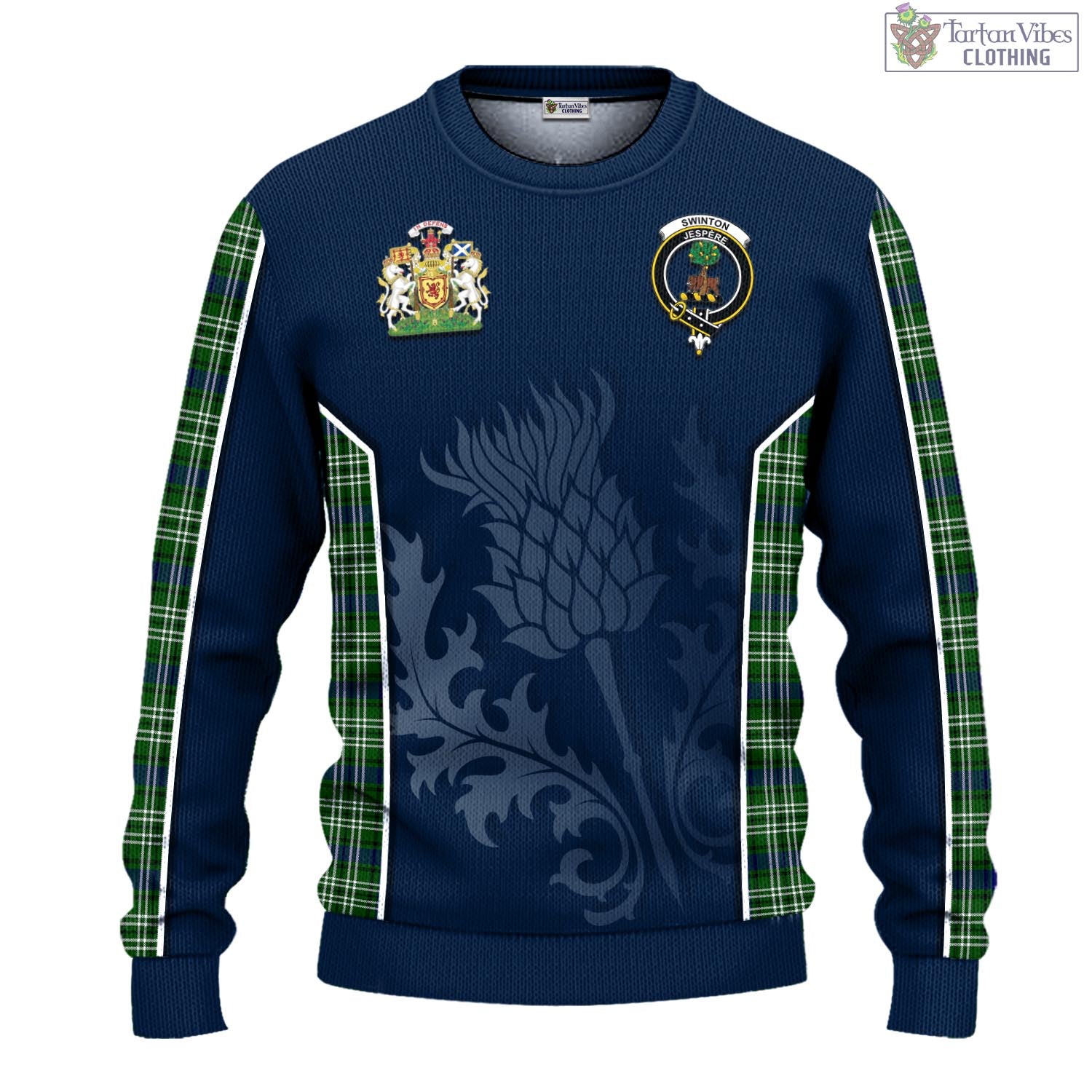 Swinton Tartan Knitted Sweatshirt with Family Crest and Scottish Thistle Vibes Sport Style - Tartan Vibes Clothing