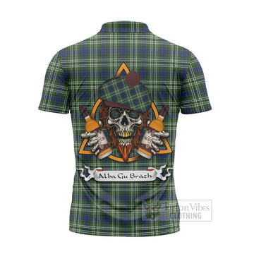 Swinton Tartan Zipper Polo Shirt with Family Crest and Bearded Skull Holding Bottles of Whiskey - Tartan Vibes Clothing