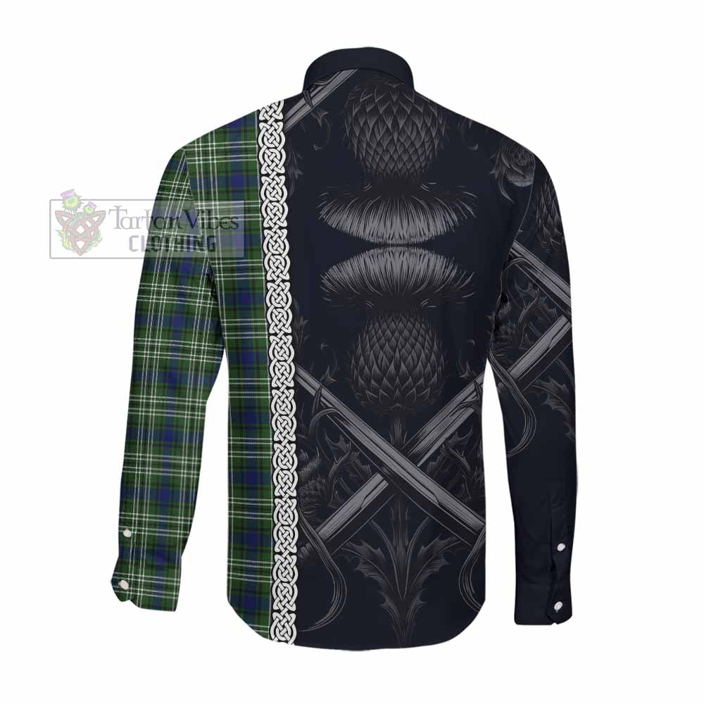 Tartan Vibes Clothing Swinton Tartan Long Sleeve Button Shirt with Family Crest Cross Sword Thistle Celtic Vibes