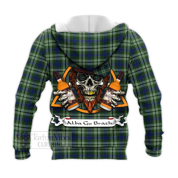 Swinton Tartan Knitted Hoodie with Family Crest and Bearded Skull Holding Bottles of Whiskey - Tartan Vibes Clothing