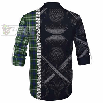 Swinton Tartan Ghillie Kilt Shirt with Family Crest Cross Sword Thistle Celtic Vibes - Tartan Vibes Clothing