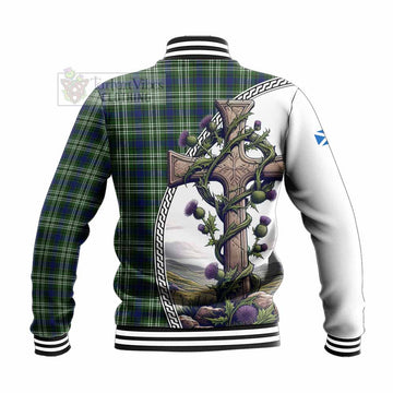 Swinton Tartan Baseball Jacket with Family Crest and St. Andrew's Cross Accented by Thistle Vines - Tartan Vibes Clothing