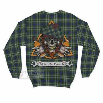Swinton Tartan Sweatshirt with Family Crest and Bearded Skull Holding Bottles of Whiskey - Tartan Vibes Clothing
