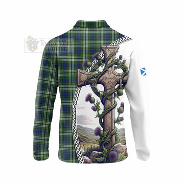 Swinton Tartan Long Sleeve Polo Shirt with Family Crest and St. Andrew's Cross Accented by Thistle Vines - Tartan Vibes Clothing