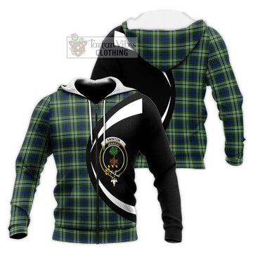 Swinton Tartan Knitted Hoodie with Family Crest Circle Style Unisex Knitted Zip Hoodie - Tartan Vibes Clothing