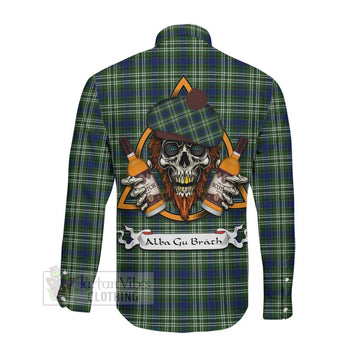 Swinton Tartan Long Sleeve Button Shirt with Family Crest and Bearded Skull Holding Bottles of Whiskey Men's Shirt - Tartan Vibes Clothing