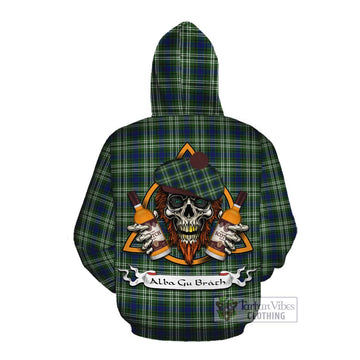 Swinton Tartan Cotton Hoodie with Family Crest and Bearded Skull Holding Bottles of Whiskey Pullover Hoodie - Tartan Vibes Clothing