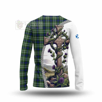 Swinton Tartan Long Sleeve T-Shirt with Family Crest and St. Andrew's Cross Accented by Thistle Vines - Tartan Vibes Clothing
