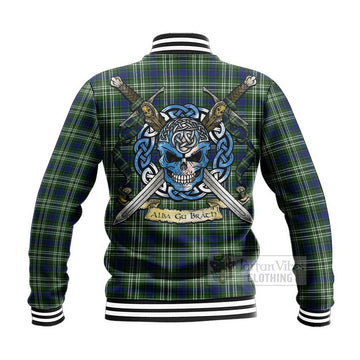 Swinton Tartan Baseball Jacket with Family Crest Celtic Skull Style - Tartan Vibes Clothing
