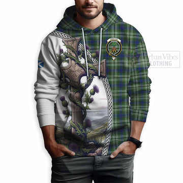 Swinton Tartan Hoodie with Family Crest and St. Andrew's Cross Accented by Thistle Vines - Tartan Vibes Clothing
