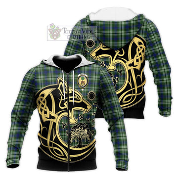 Swinton Tartan Knitted Hoodie with Family Crest Celtic Wolf Style Unisex Knitted Zip Hoodie - Tartan Vibes Clothing
