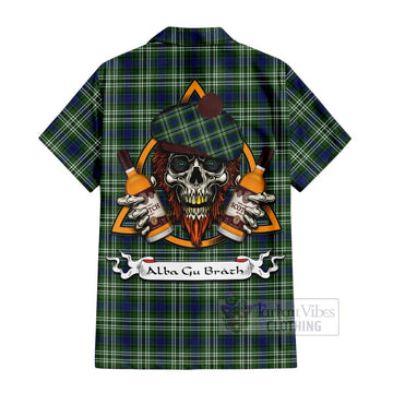 Swinton Tartan Hawaiian Shirt with Family Crest and Bearded Skull Holding Bottles of Whiskey - Tartan Vibes Clothing