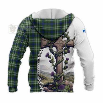 Swinton Tartan Knitted Hoodie with Family Crest and St. Andrew's Cross Accented by Thistle Vines - Tartan Vibes Clothing