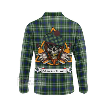 Swinton Tartan Long Sleeve Polo Shirt with Family Crest and Bearded Skull Holding Bottles of Whiskey - Tartan Vibes Clothing