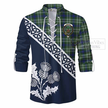 Swinton Tartan Ghillie Kilt Shirt Featuring Thistle and Scotland Map - Tartan Vibes Clothing