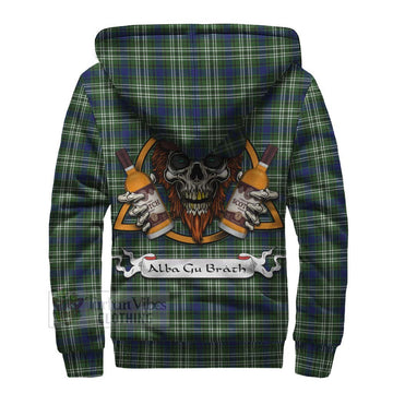 Swinton Tartan Sherpa Hoodie with Family Crest and Bearded Skull Holding Bottles of Whiskey - Tartan Vibes Clothing