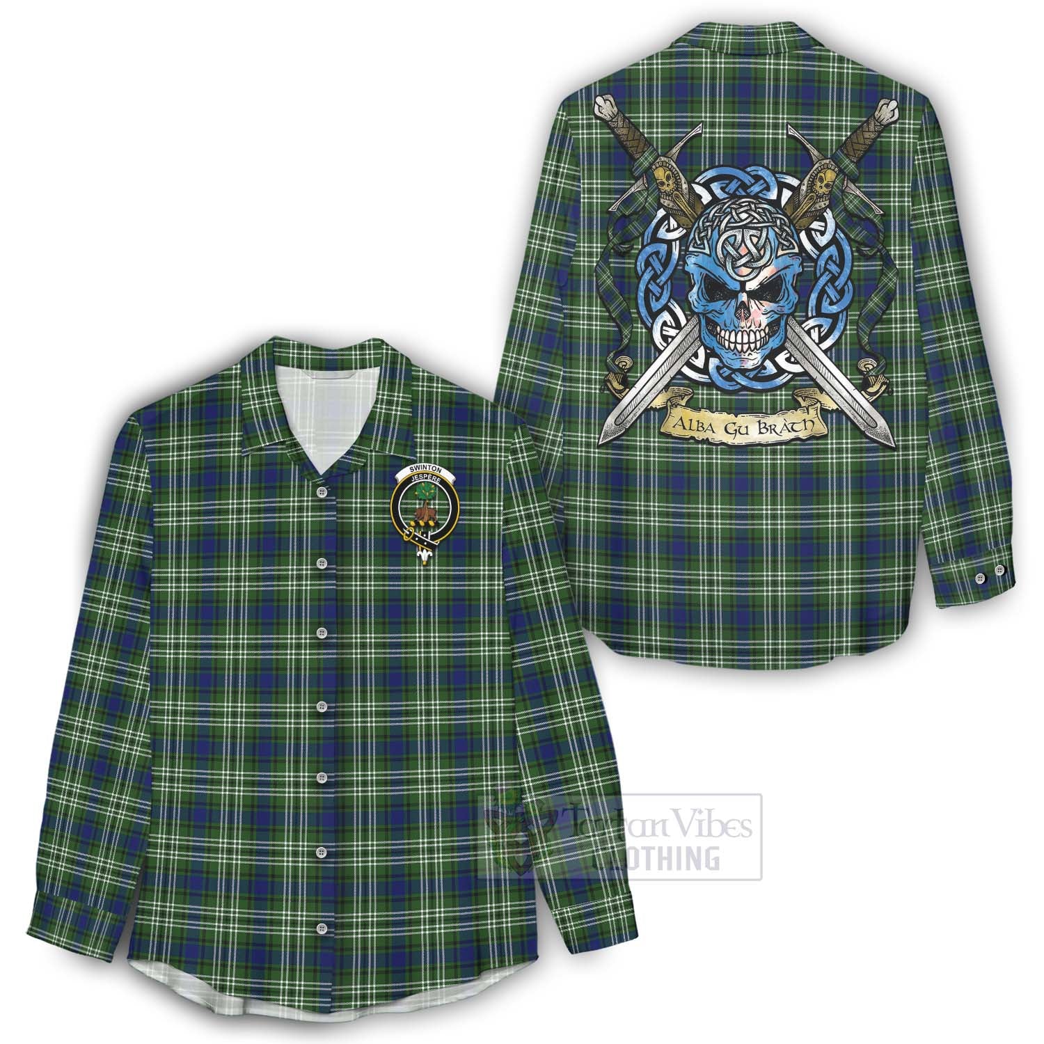 Swinton Tartan Women's Casual Shirt with Family Crest Celtic Skull Style - Tartan Vibes Clothing