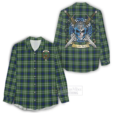 Swinton Tartan Women's Casual Shirt with Family Crest Celtic Skull Style - Tartan Vibes Clothing