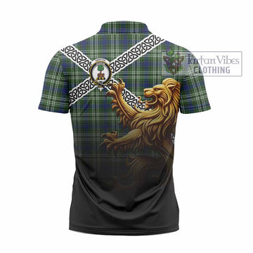 Swinton Crest Tartan Zipper Polo Shirt with Golden Lion Emblem Celtic Style - Tartan Vibes Clothing