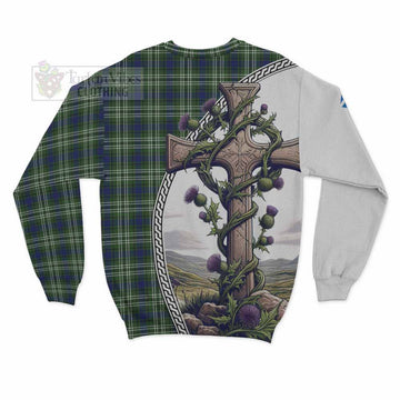 Swinton Tartan Sweatshirt with Family Crest and St. Andrew's Cross Accented by Thistle Vines - Tartan Vibes Clothing