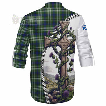 Swinton Tartan Ghillie Kilt Shirt with Family Crest and St. Andrew's Cross Accented by Thistle Vines - Tartan Vibes Clothing