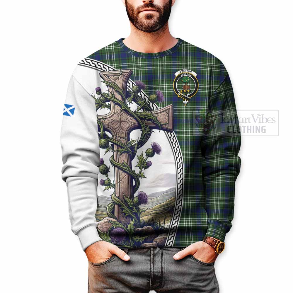 Swinton Tartan Sweatshirt with Family Crest and St. Andrew's Cross Accented by Thistle Vines - Tartan Vibes Clothing