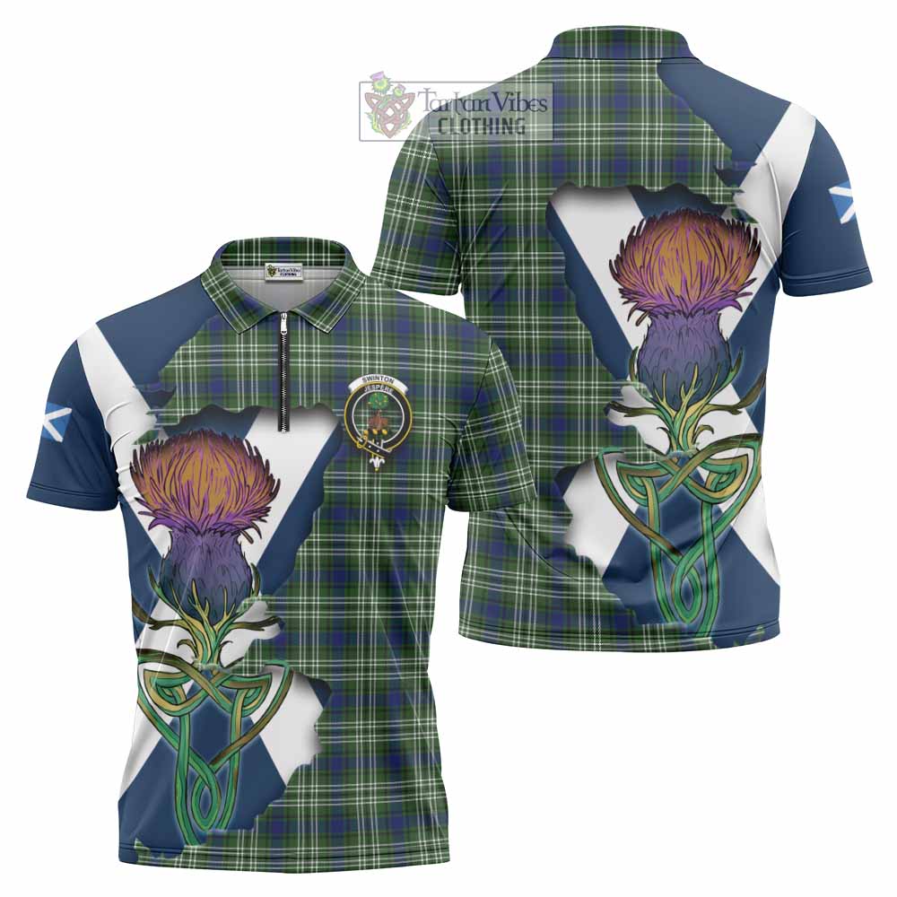 Tartan Vibes Clothing Swinton Tartan Family Crest Zipper Polo Shirt Scottish Thistle Celtic Inspired